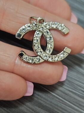 Chanel Stamped Replacement Pull Crystal-Embellished Double C Pendant In Silver